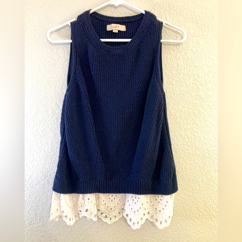 LOFT Navy Sleeveless Sweater with White Eyelet on Bottom